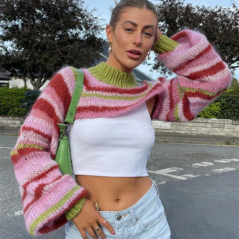 Pull Court | Rayures Colorées | Manches Bouffantes | Parfait pour un Look Tendance et Ludique