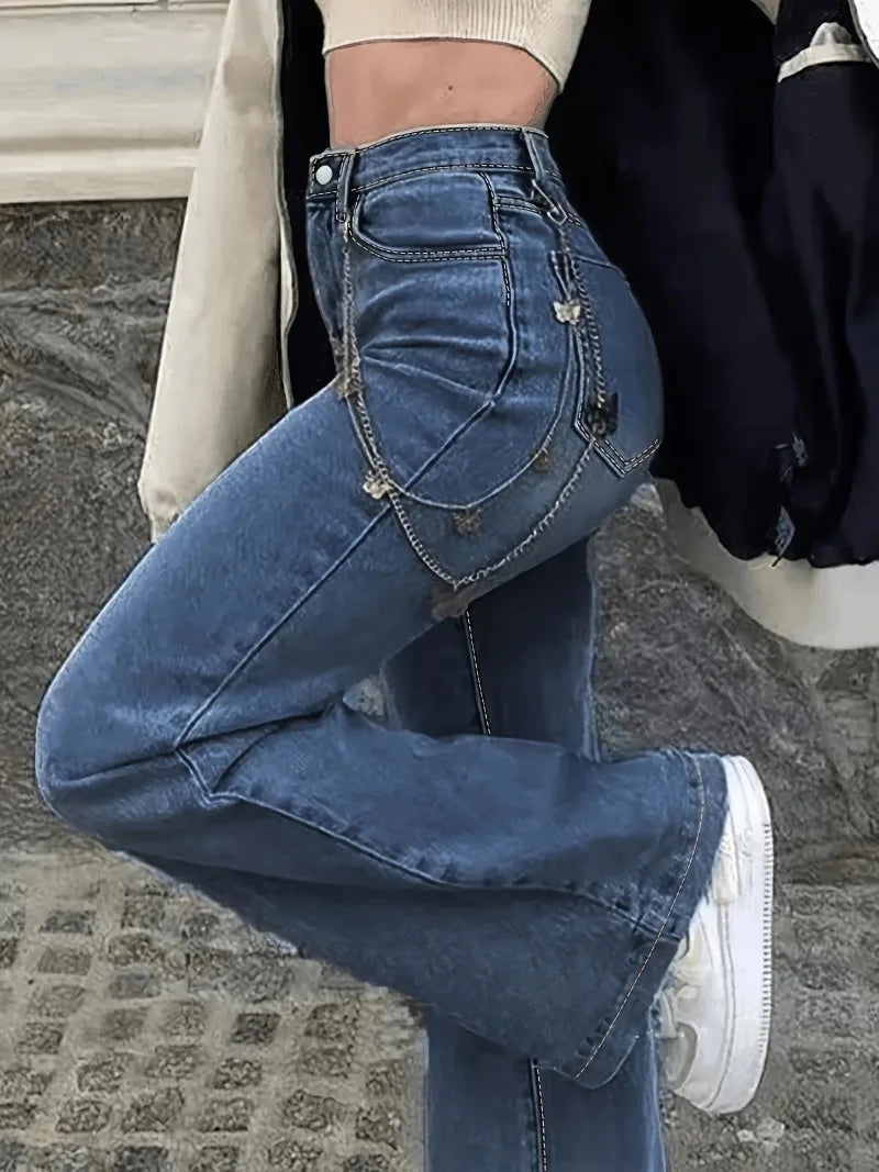 Jean Flare | Délavé Bleu Moyen | Chaîne Amovible | Parfait pour look rock-chic