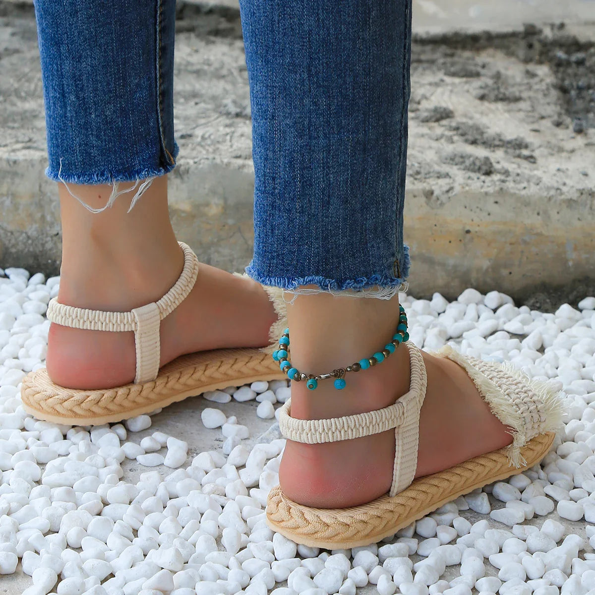 Sandales Bohèmes | Franges et Semelle Tressée | Idéales pour l’été, les vacances ou un look décontracté