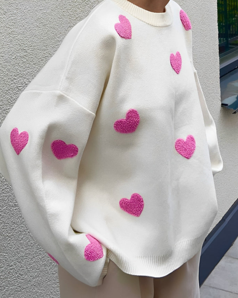 Pull Oversize Femme | Motif Cœurs Roses | Idéal pour Tenues Décontractées et Looks Détente