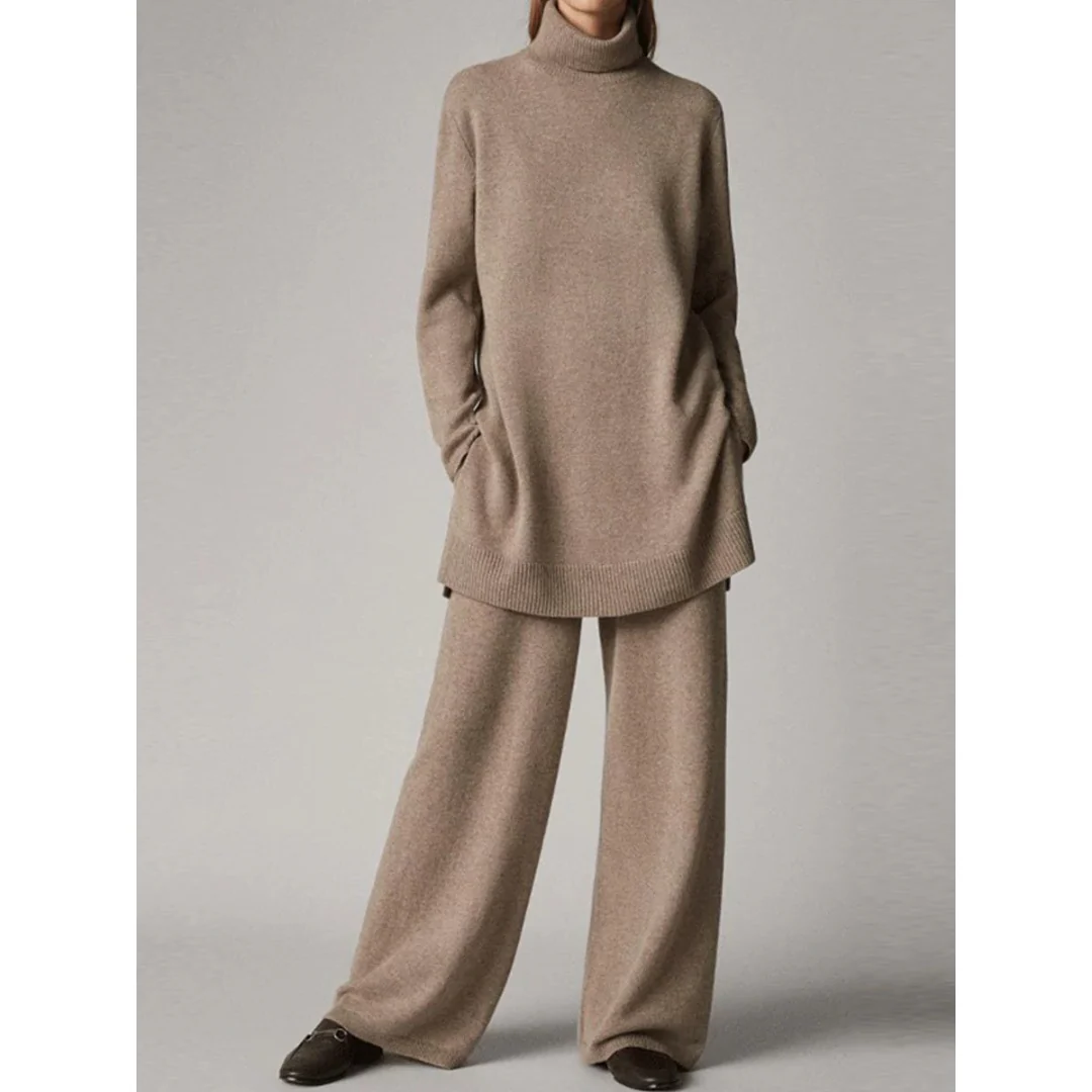 Ensemble Loungewear Maille | Pull Col Roulé Oversize | Pantalon Large Confort Hiver