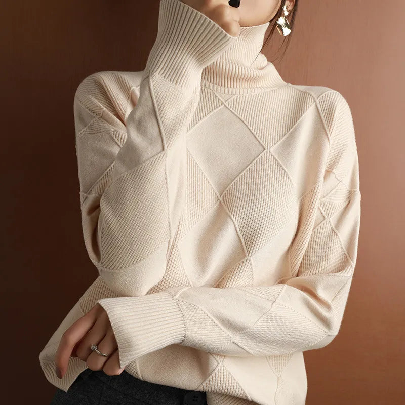 Pull Femme | Col Montant et Motif Géométrique | Idéal pour un look élégant et confortable en hiver