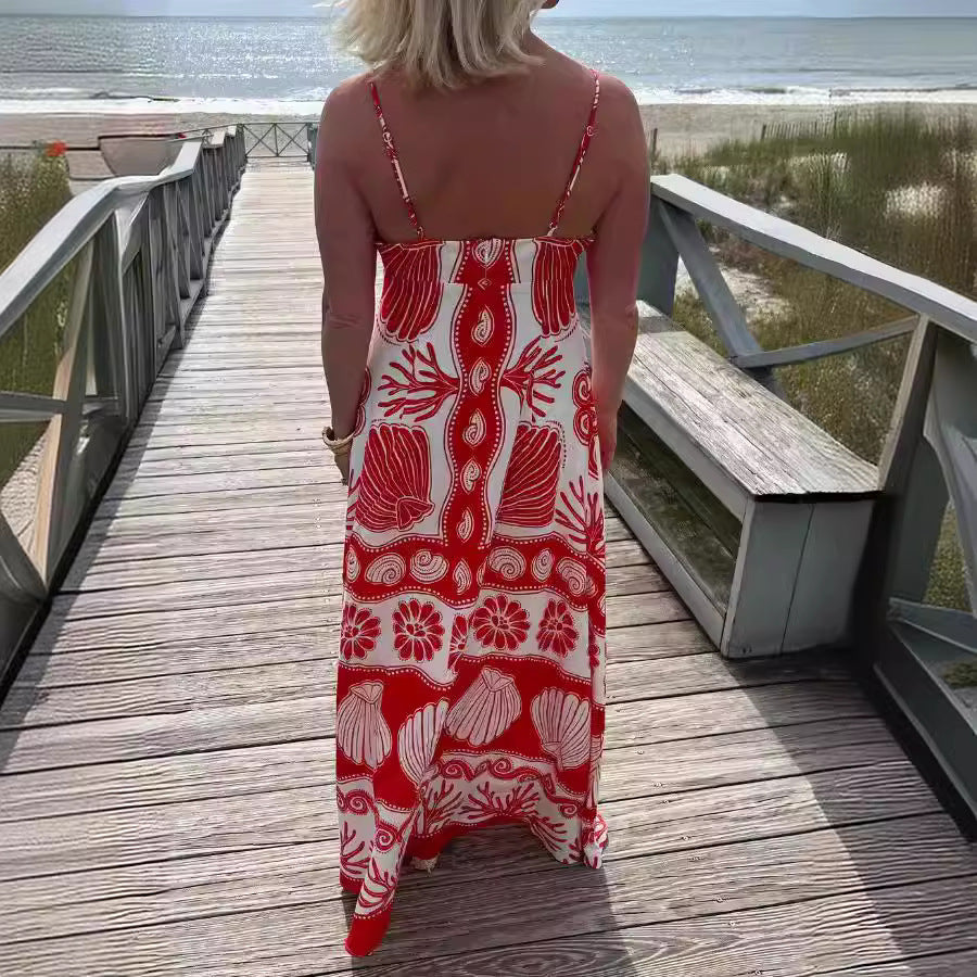 Robe Longue | Imprimé Estival | Bretelles Fines | Parfaite pour les vacances et journées à la plage