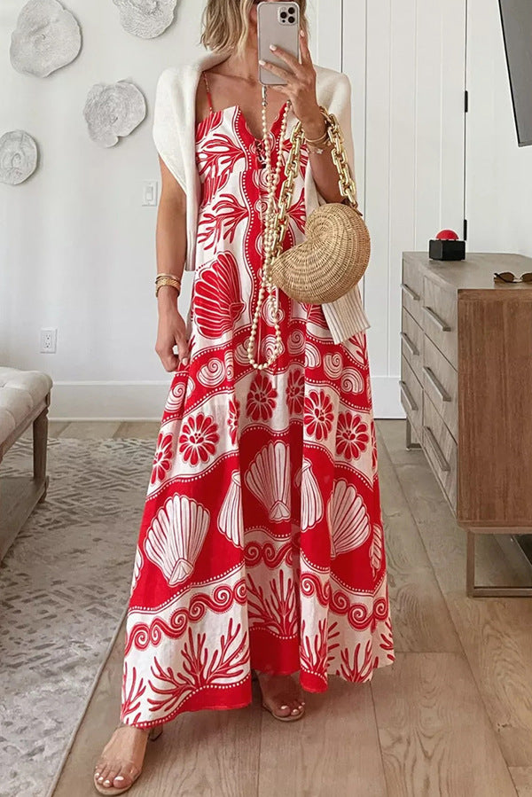 Robe Longue | Imprimé Estival | Bretelles Fines | Parfaite pour les vacances et journées à la plage