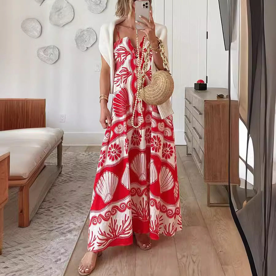 Robe Longue | Imprimé Estival | Bretelles Fines | Parfaite pour les vacances et journées à la plage