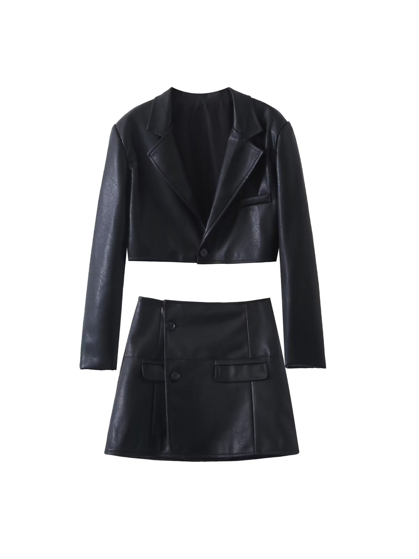 Ensemble Effet Cuir | Blazer Court et Jupe | Parfait pour un look urbain et tendance