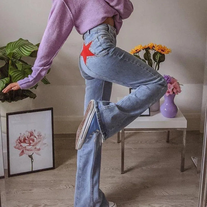 Jean Droit | Étoiles Appliquées | Taille Haute | Parfait pour un look urbain