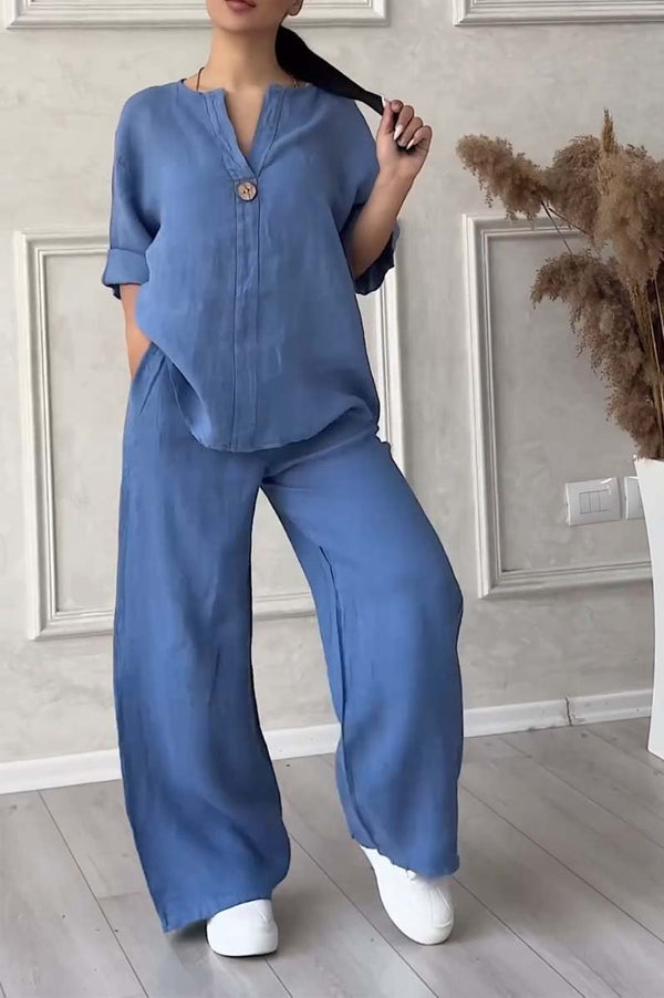 Ensemble Femme | Viscose Légère | Haut Col V & Pantalon Large | Tenue Décontractée Été