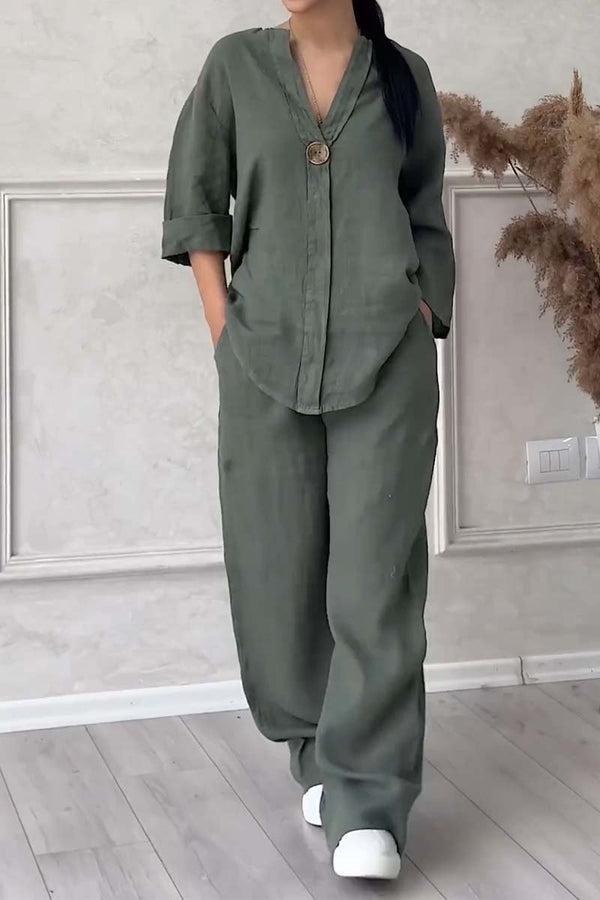 Ensemble Femme | Viscose Légère | Haut Col V & Pantalon Large | Tenue Décontractée Été