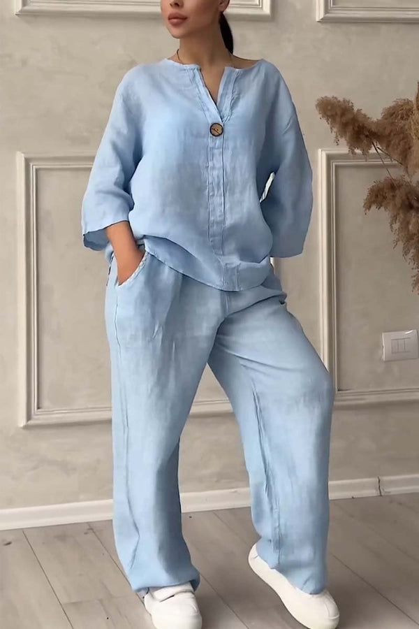 Ensemble Femme | Viscose Légère | Haut Col V & Pantalon Large | Tenue Décontractée Été
