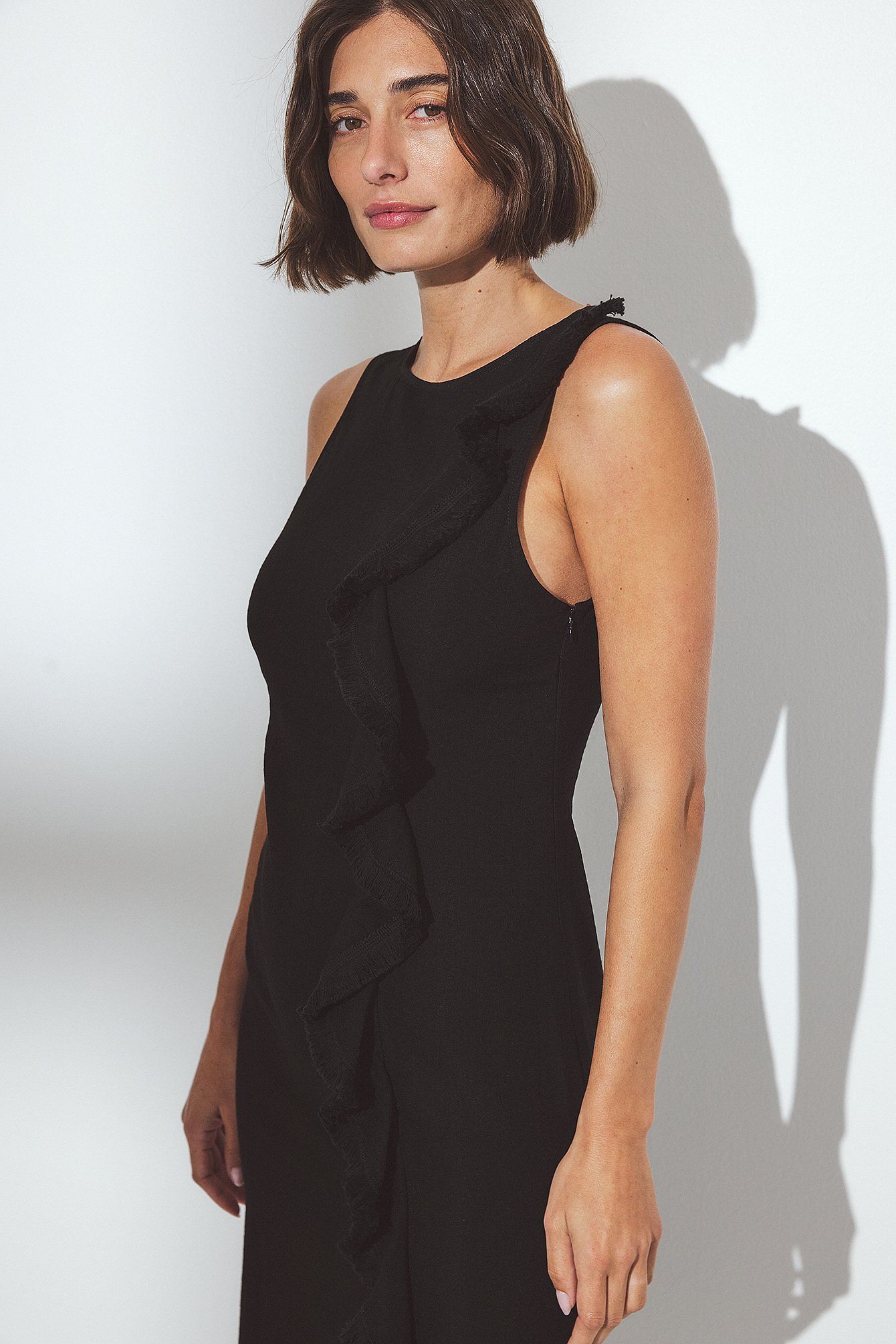 Robe Midi Col Haut Détendu | Coupe Relax Franges | Fente Latérale