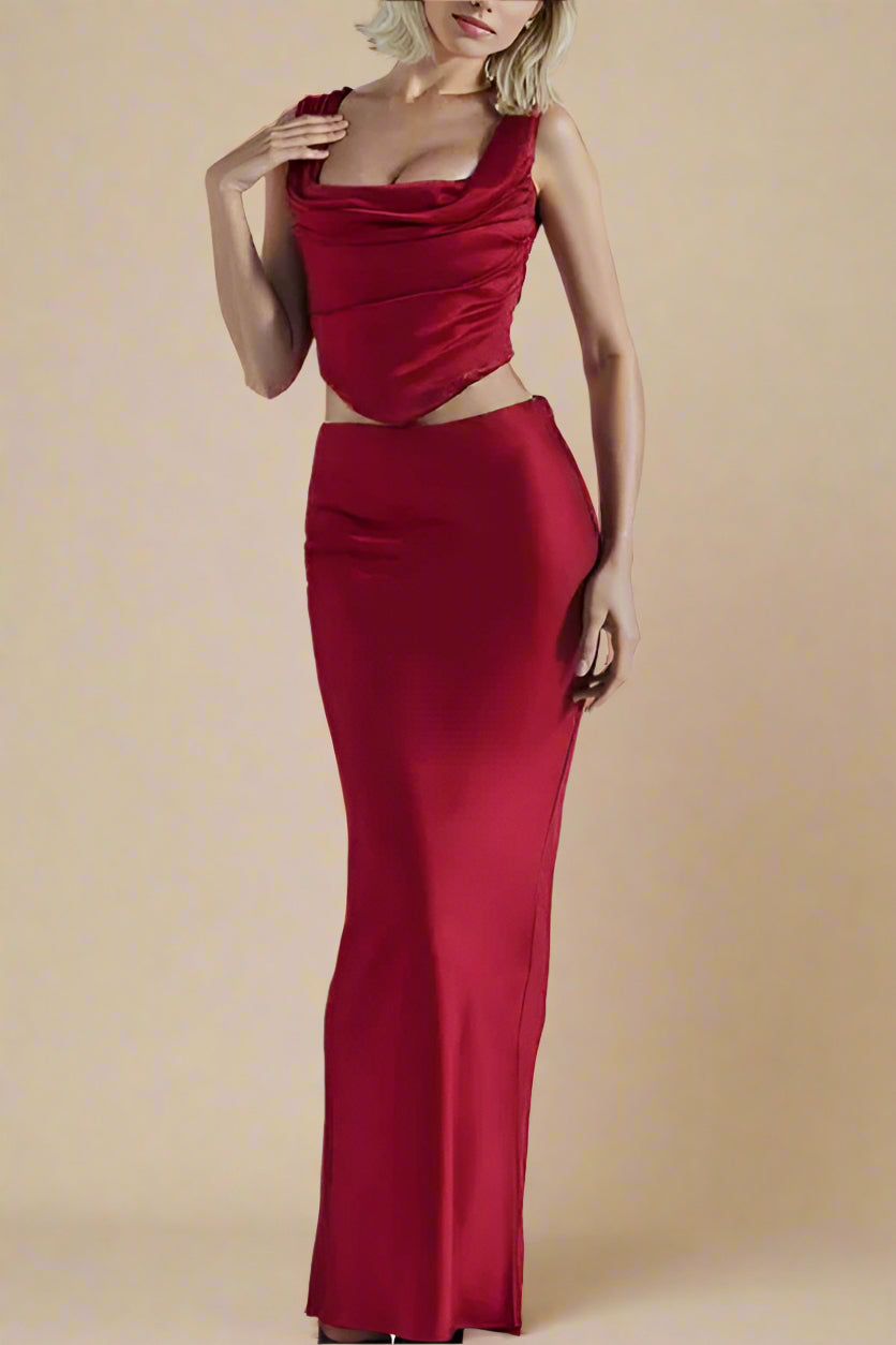 Ensemble Satin | Corset Drapé & Jupe Fendue | Parfait pour soirées d’été