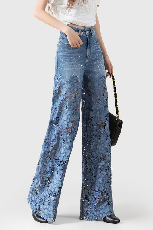 Jean Large Femme | Broderie Florale et Effet Ajouré | Idéal pour Soirées Estivales ou Tenues Tendance