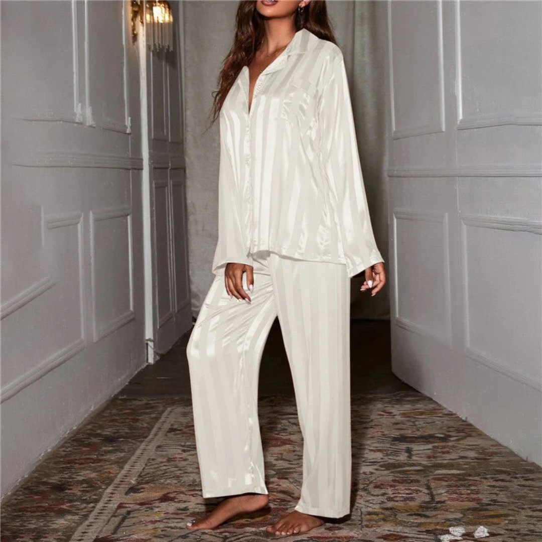 Ensemble Pyjama Loungewear 2 Pièces | Satin Rayé Élégant | Chemise Manches Longues Pantalon