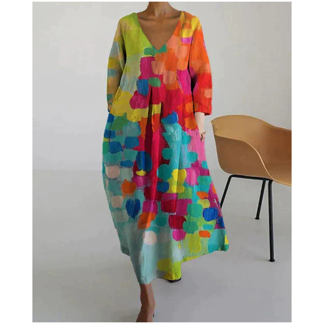 Robe Maxi Femme Imprimé Abstrait | Coupe Ample Oversized, Col V | Style Décontracté Artiste