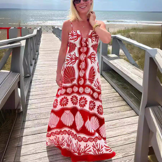 Robe Longue | Imprimé Estival | Bretelles Fines | Parfaite pour les vacances et journées à la plage
