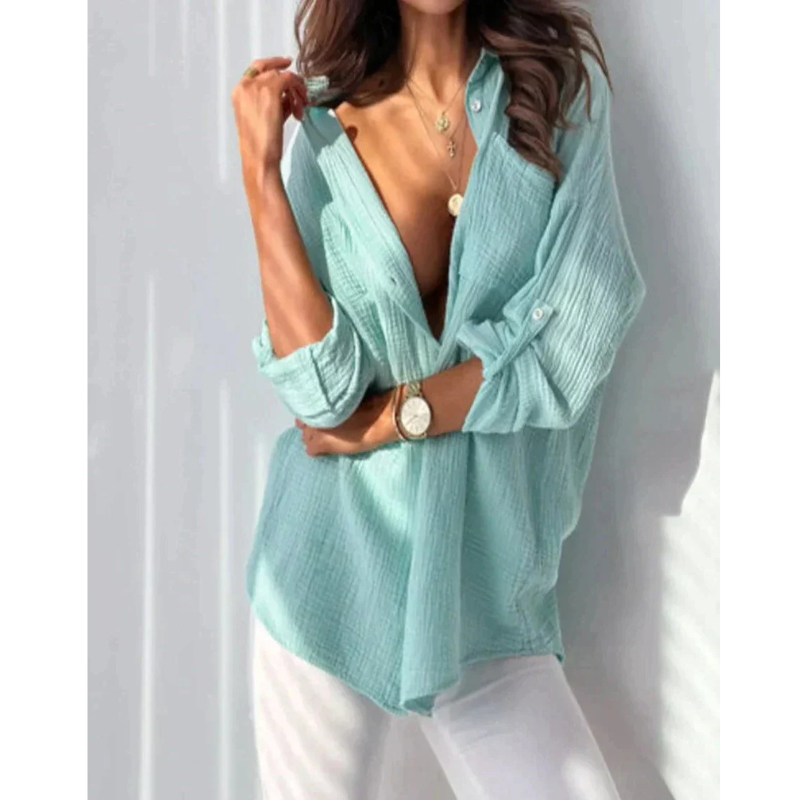 Chemise/Blouse Femme Boutonnée Manches Longues | Coupe Ample Estivale | Lin Léger