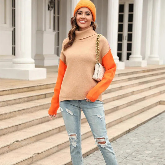 Pull Col Roulé à Manches Color Block pour Femme | Style Chic Décontracté et Tendance