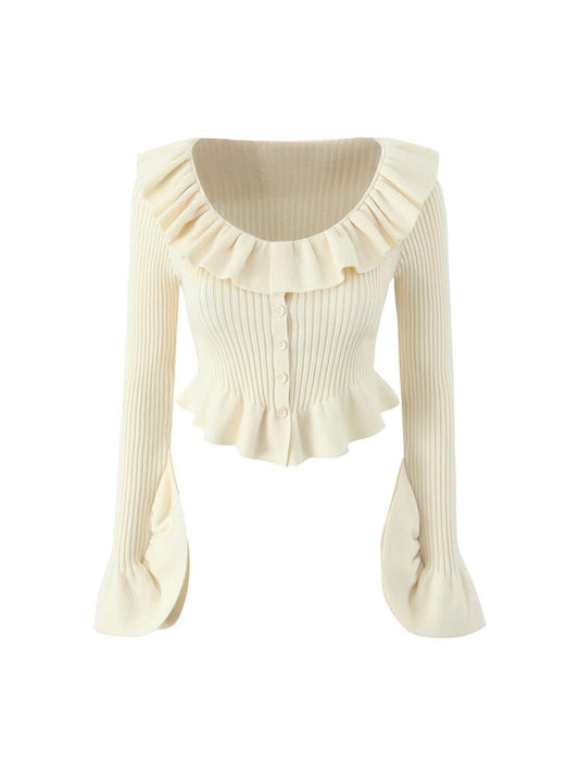 Top Maille | Col Rond à Volants | Coupe Ajustée | Parfait pour déjeuners printaniers