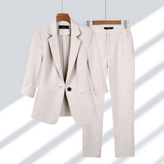 Ensemble Tailleur 2 Pièces Chic | Blazer Manches 3/4 | Pantalon Droit Élégant