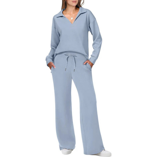 Ensemble Loungewear 2 Pièces | Sweat Col Polo Décontracté | Pantalon Large Confortable