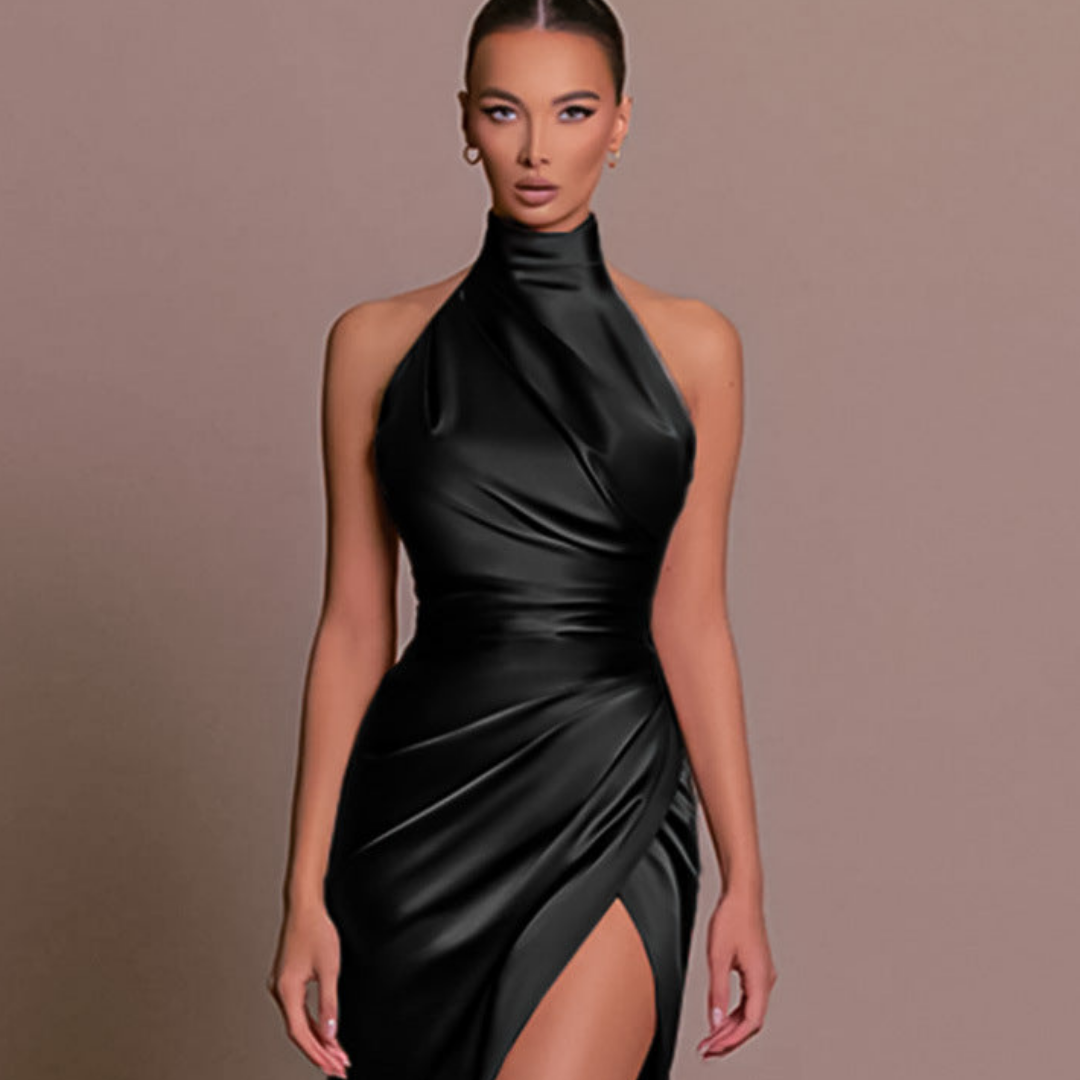 Robe de Gala Femme Fourreau | Col Montant Drapé, Fente Haute | Glamour Chic