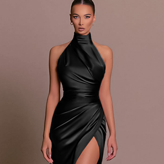 Robe de Gala Femme Fourreau | Col Montant Drapé, Fente Haute | Glamour Chic