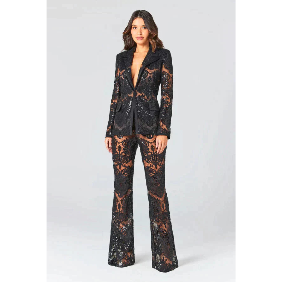 Ensemble Tailleur 2 Pièces | Blazer Pantalon Dentelle Transparente | Soirée Glamour Scintillante