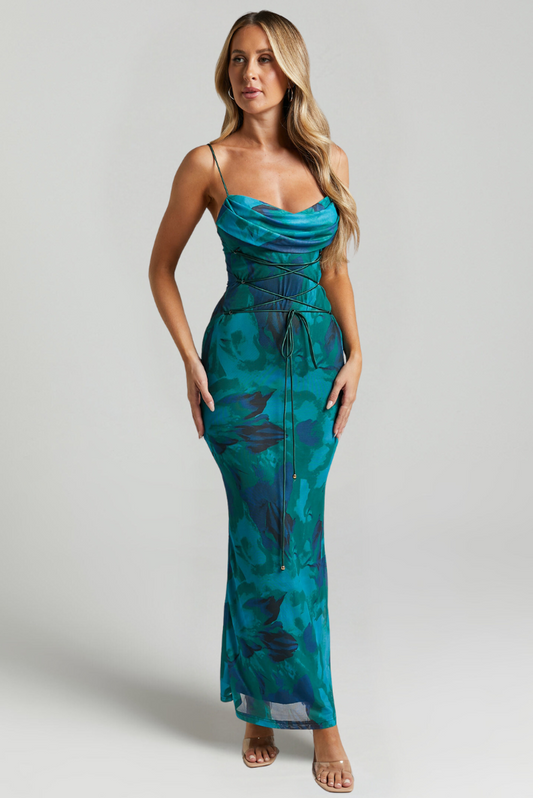 Robe Longue Imprimée | Décolleté Drapé Élégant | Tissu Fluide Léger | Idéale pour Été ou Soirée Bord de Mer
