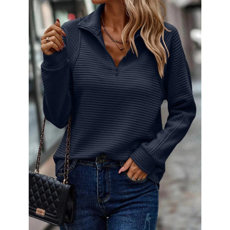 Pull Décontracté à Col Zippé en Maille Côtes pour Femme | Confort Élégant & Texture Sophistiquée