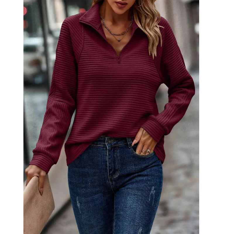 Pull Décontracté à Col Zippé en Maille Côtes pour Femme | Confort Élégant & Texture Sophistiquée