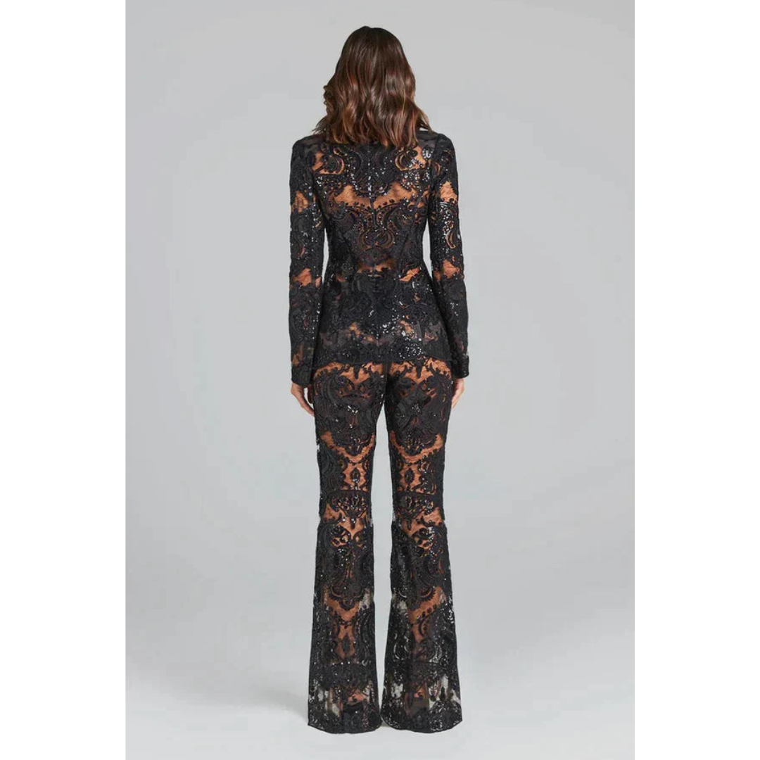 Ensemble Tailleur 2 Pièces | Blazer Pantalon Dentelle Transparente | Soirée Glamour Scintillante