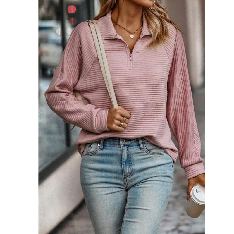 Pull Décontracté à Col Zippé en Maille Côtes pour Femme | Confort Élégant & Texture Sophistiquée