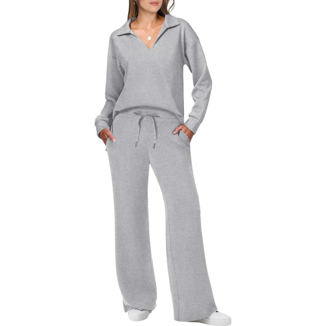 Ensemble Loungewear 2 Pièces | Sweat Col Polo Décontracté | Pantalon Large Confortable