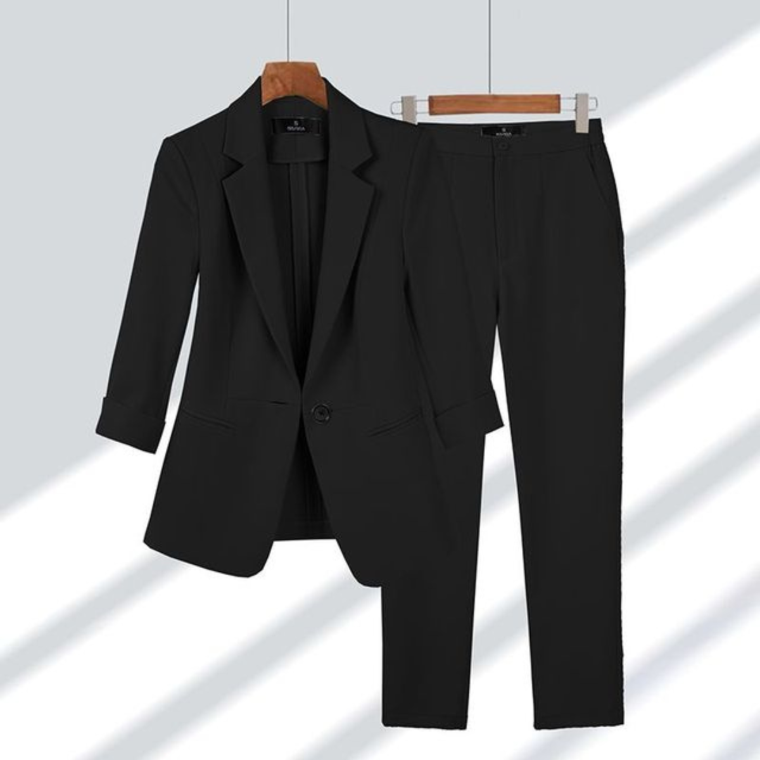 Ensemble Tailleur 2 Pièces Chic | Blazer Manches 3/4 | Pantalon Droit Élégant