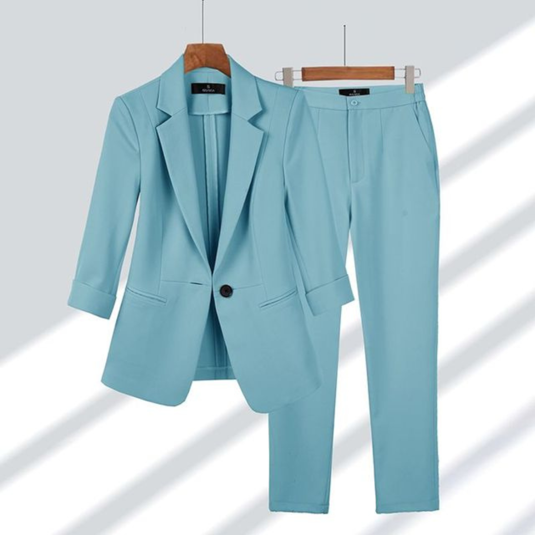 Ensemble Tailleur 2 Pièces Chic | Blazer Manches 3/4 | Pantalon Droit Élégant