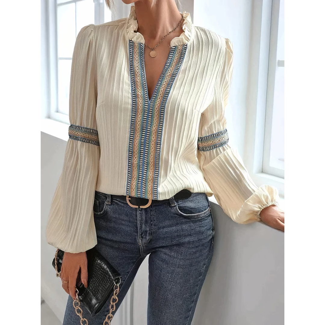 Blouse Femme Col V Décontractée | Manches Longues, Détails Sophistiqués | Confort Chic