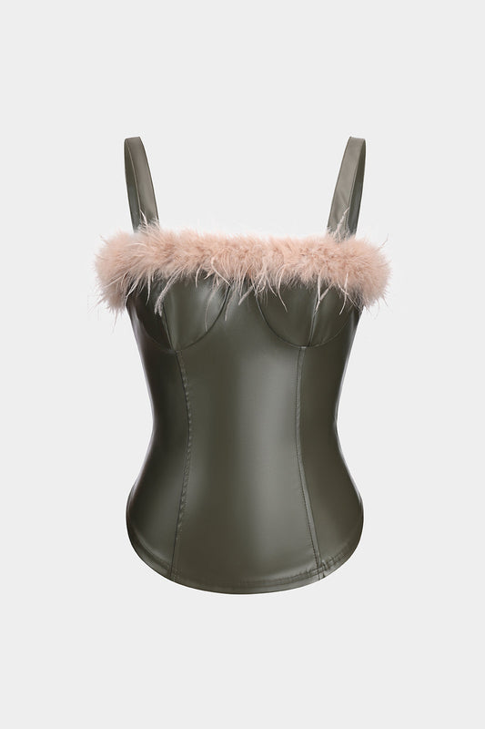 Top Corset | Similicuir effet cuir | Détail plumes | Idéal pour soirées chics