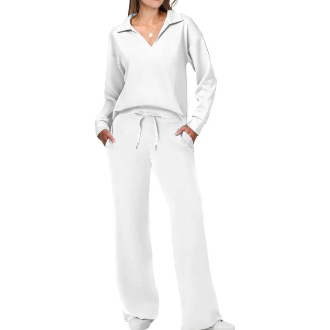 Ensemble Loungewear 2 Pièces | Sweat Col Polo Décontracté | Pantalon Large Confortable