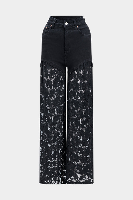 Pantalon en Jean | Dentelle | Taille Haute | Idéal pour soirées estivales