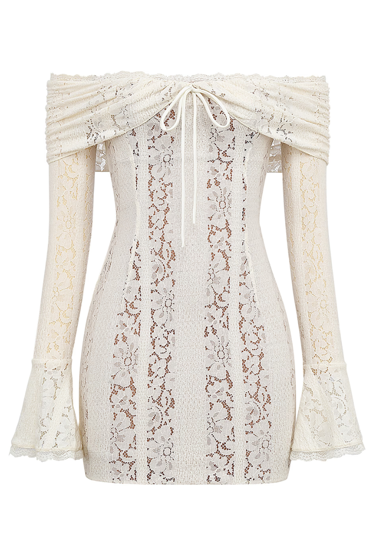Robe Dentelle | Épaules Dénudées Élégantes | Manches Longues Évasées | Idéale pour Soirée ou Événement