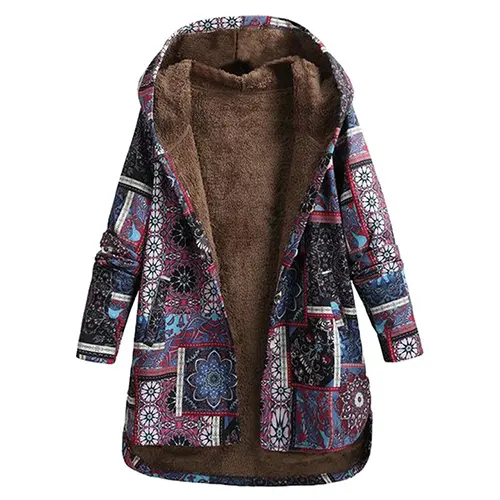 Manteau à Capuche Doublé Polaire à Imprimé Ethnique pour Femme | Chaleur Bohème & Style Hivernal