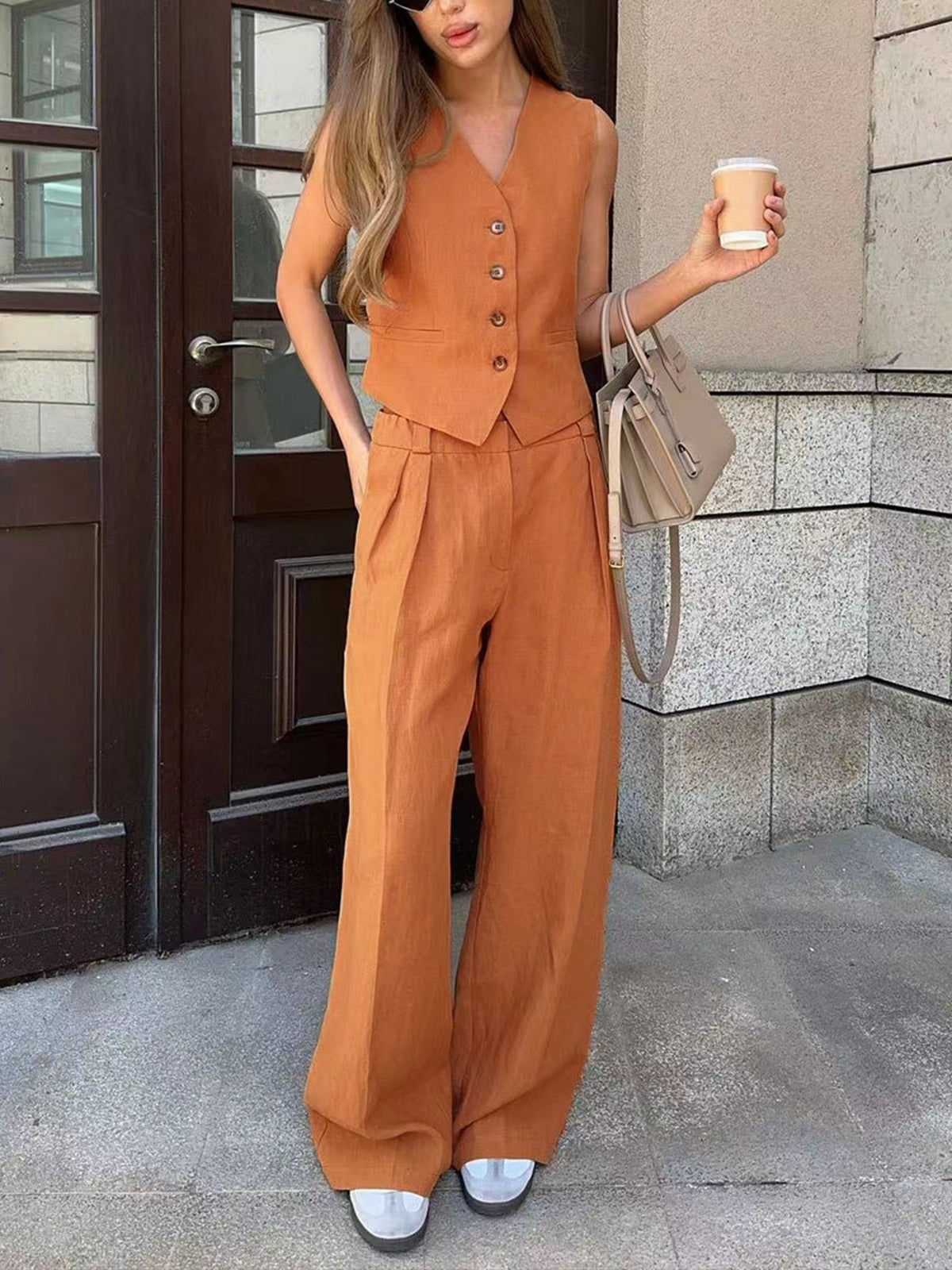 Ensemble Lin | Gilet Sans Manches et Pantalon Large | Chic Décontracté pour Été ou Sorties Urbaines