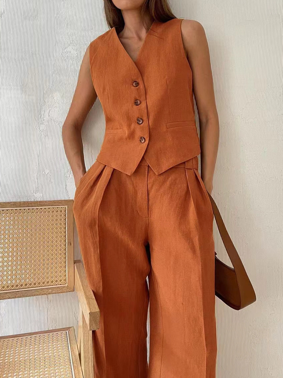 Ensemble Lin | Gilet Sans Manches et Pantalon Large | Chic Décontracté pour Été ou Sorties Urbaines