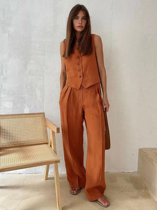 Ensemble Lin | Gilet Sans Manches et Pantalon Large | Chic Décontracté pour Été ou Sorties Urbaines