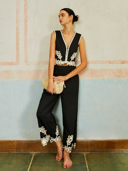 Ensemble Femme Chic | Haut Sans Manches + Pantalon Large | Coton | Parfait pour les soirées d’été et occasions habillées