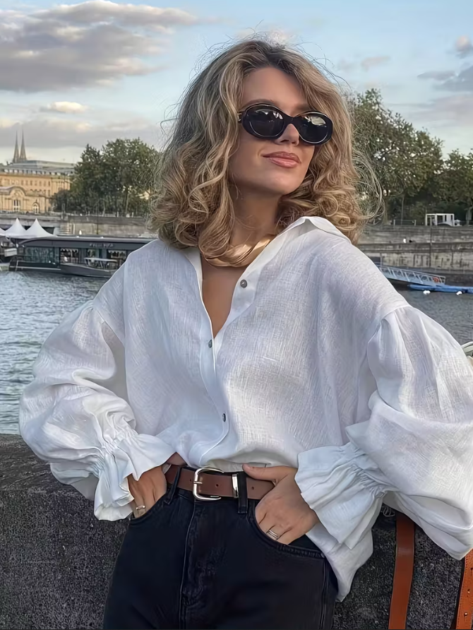 Chemisier Léger Col V | Manches Longues Fronsées | Style Romantique Chic