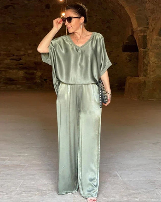 Ensemble 2 Pièces Satiné Fluide | Haut Ample Col V | Pantalon Large Élégant