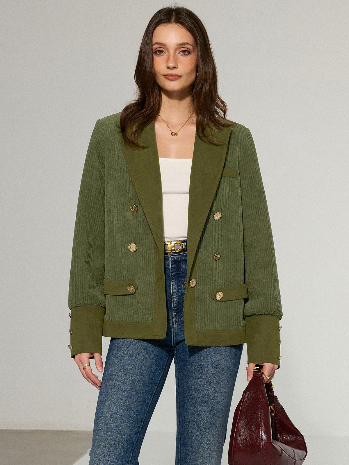 Blazer Femme en Velours Côtelé | Boutons Métalliques & Col Revers Contrasté