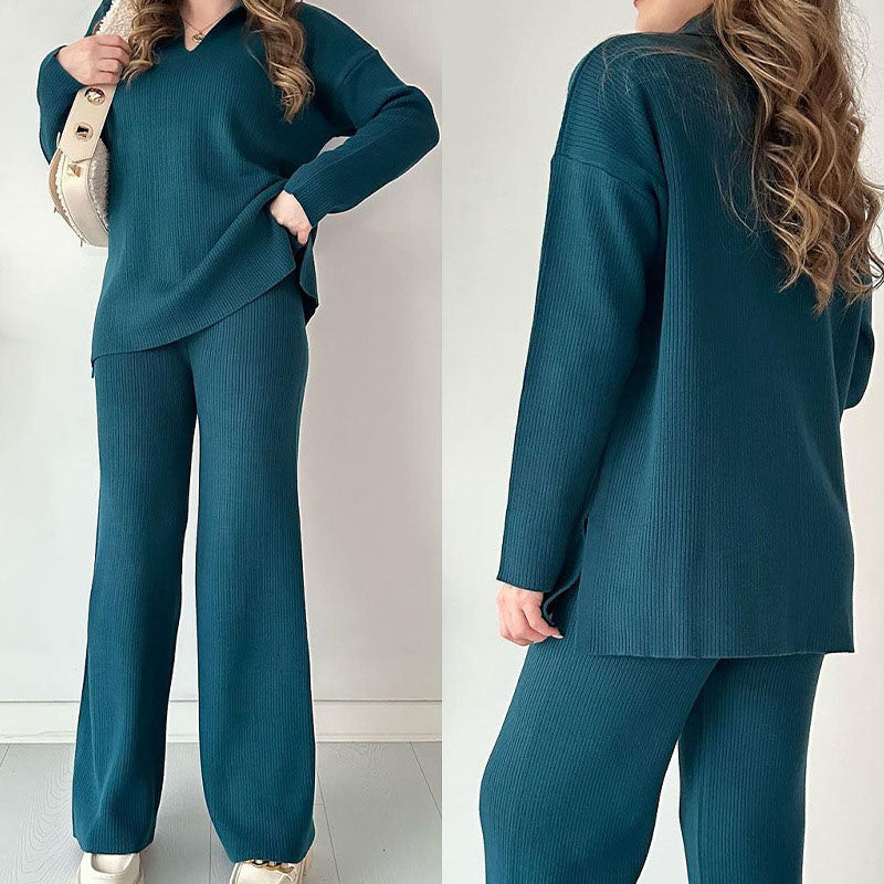 Ensemble Loungewear Maille Côtelée | Pull Col Polo Fendu | Pantalon Large Confort